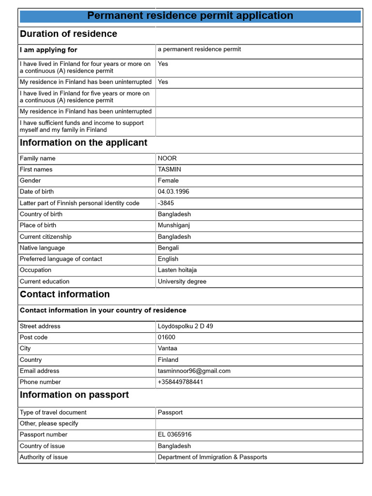 Permanent Residence Permit Application | PDF | Taxes | Pension