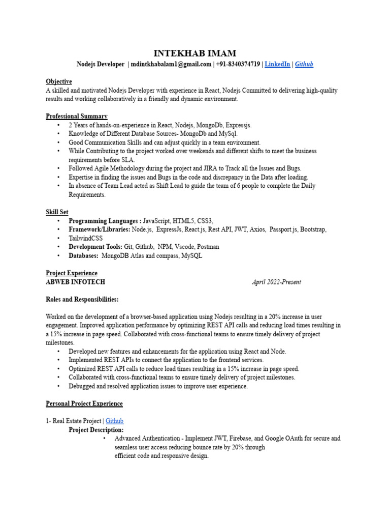 Node.js Developer Resume - Intekhab Imam | PDF | Software | Information ...