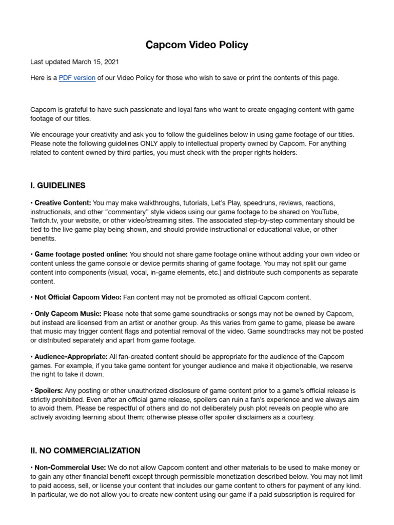 Capcom Video Policy | PDF | You Tube | Mass Media