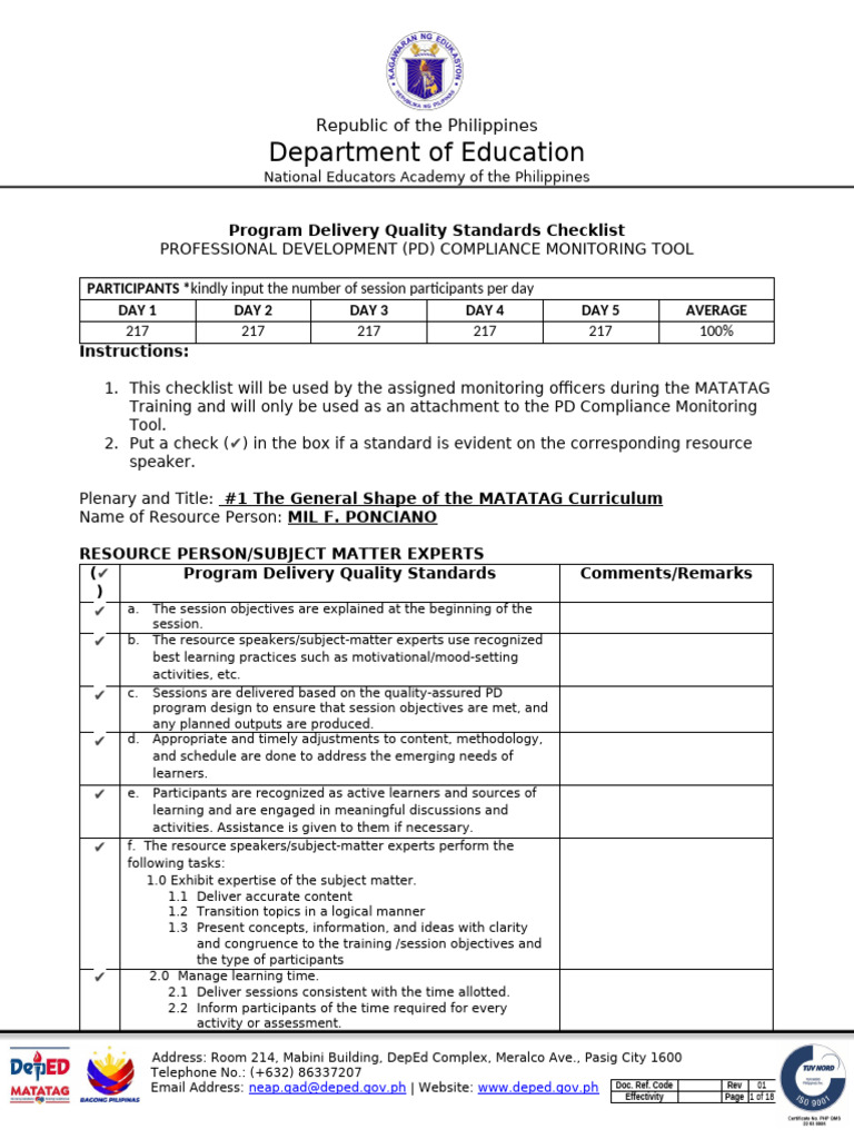 PD Compliance Monitoring Checklist | PDF | Learning | Expert