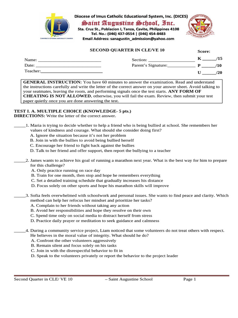 CLE-VE 10 - 2nd Quarter Exam | PDF | Gratitude | Multiple Choice