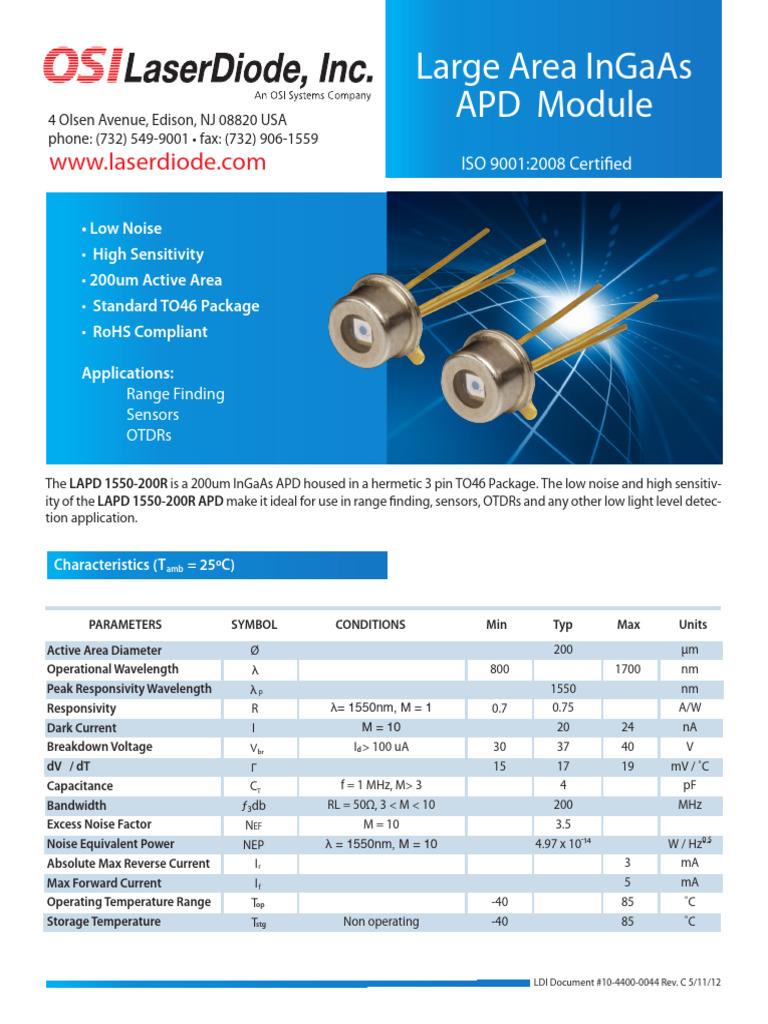10-4400-0044C-Large Area InGaAs APD Module Data Sheet | PDF ...