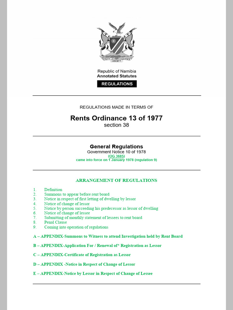 Namibia Rents Ordinance 1977 Regulations | PDF | Lease | Justice