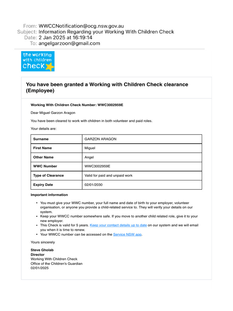 Working with Children Check Clearance | PDF