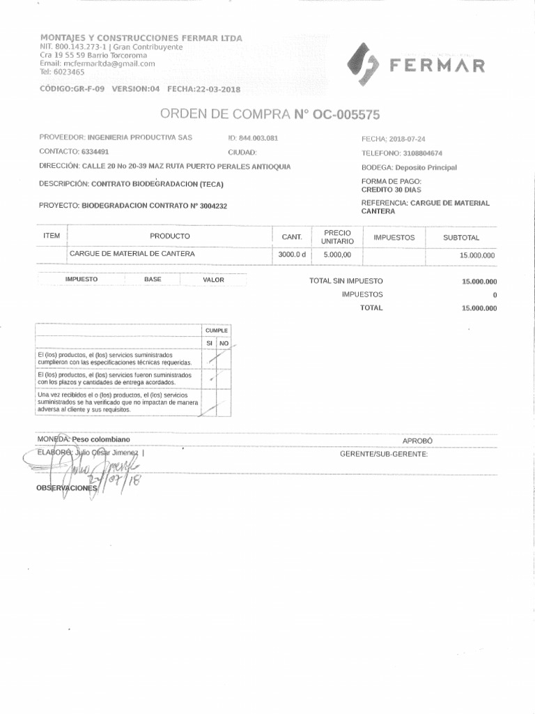 Orden de Compra Ingenieria Productiva | PDF