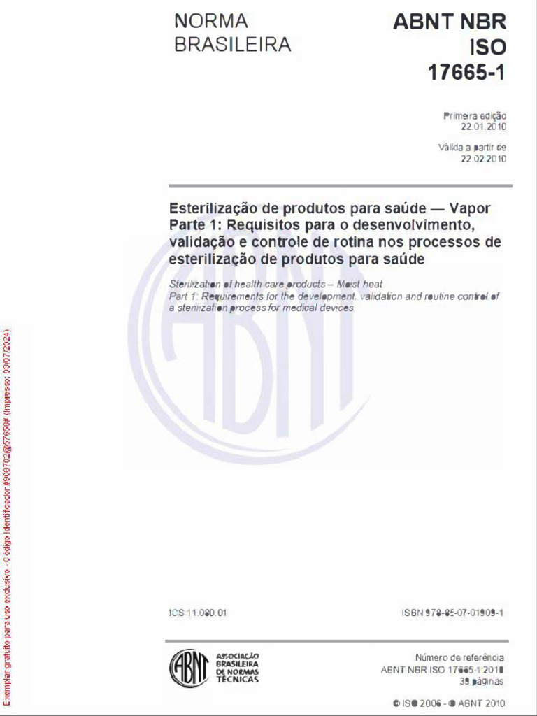 Norma ABNT NBR ISO 17665-1:2010 | PDF | ISO 9000 | Esterilização ...