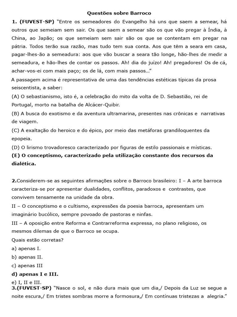Questões sobre o Barroco Brasileiro | PDF | Barroco | Poesia