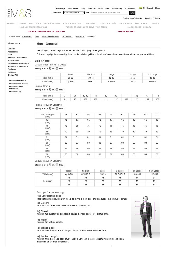 General Menswear Size Guides Product Information Marks & Spencer PDF