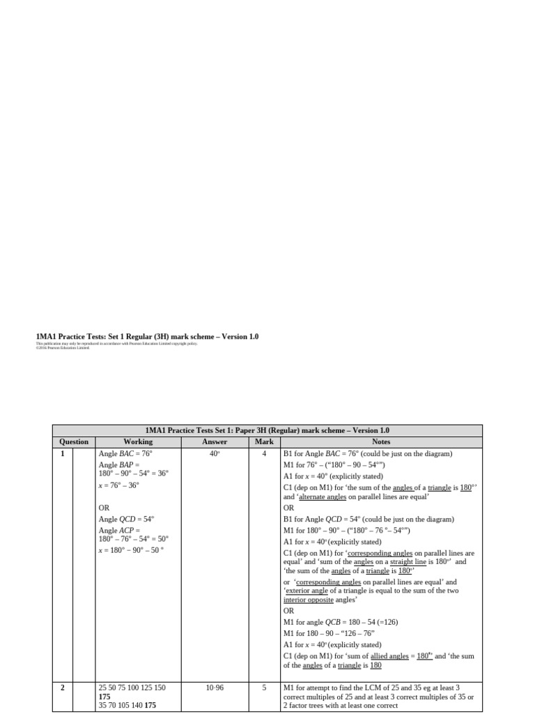 06b Practice Test Set 1 - Paper 3H Mark Scheme | PDF | Triangle ...