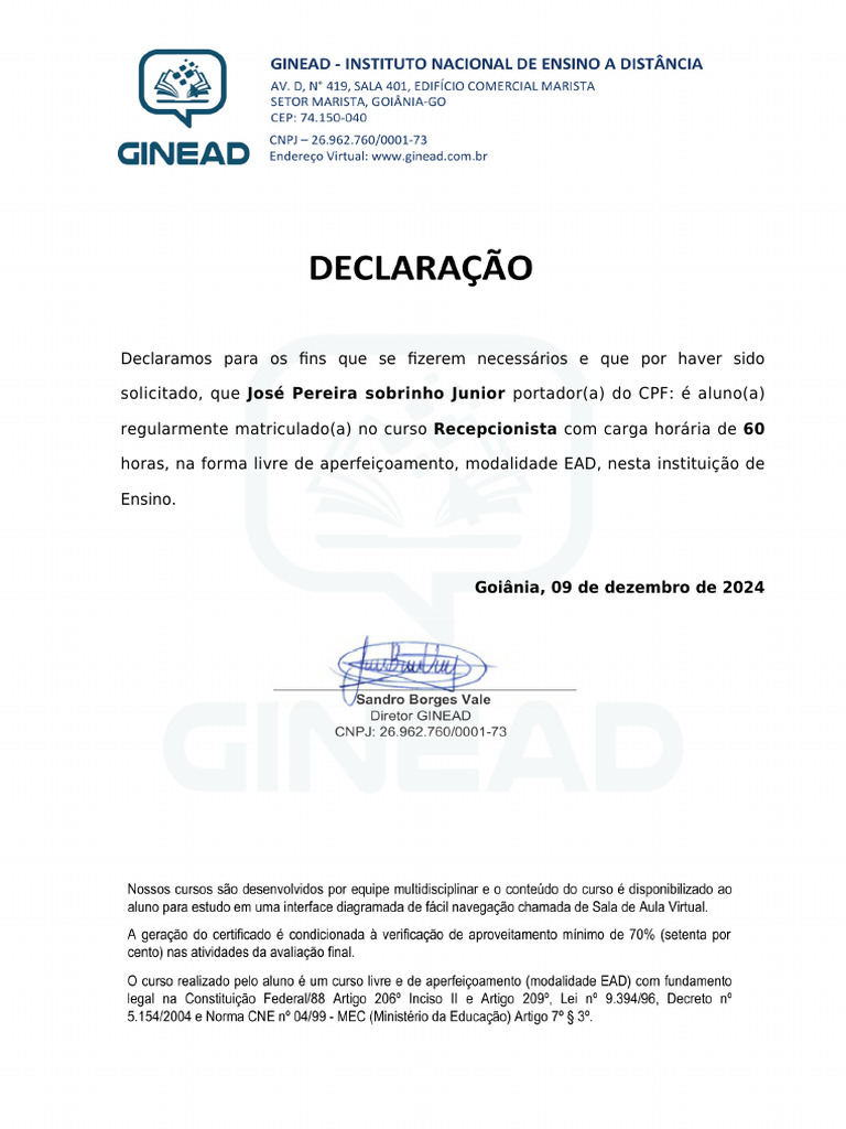 Declaração - Recepcionista | PDF