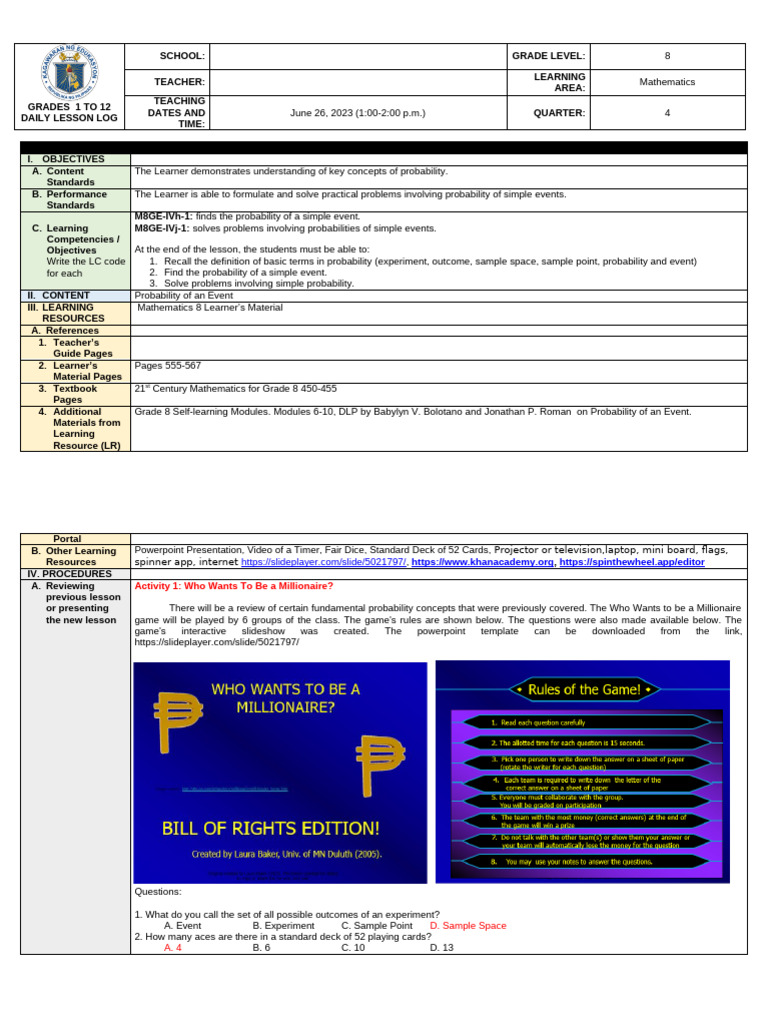 Grade 8 Math Lesson Plan: Probability | PDF | Educational Technology ...