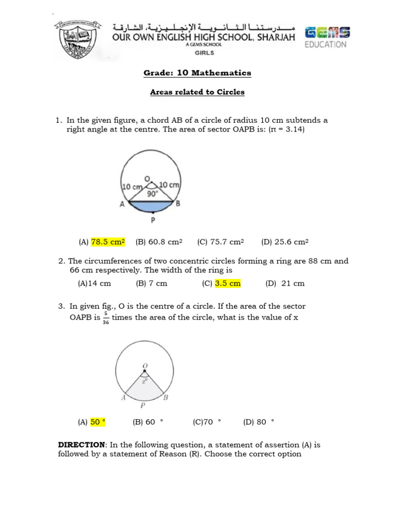 OOS - 2024-25 - Grade 10 - Chapter End Worksheet - Areas Related To ...