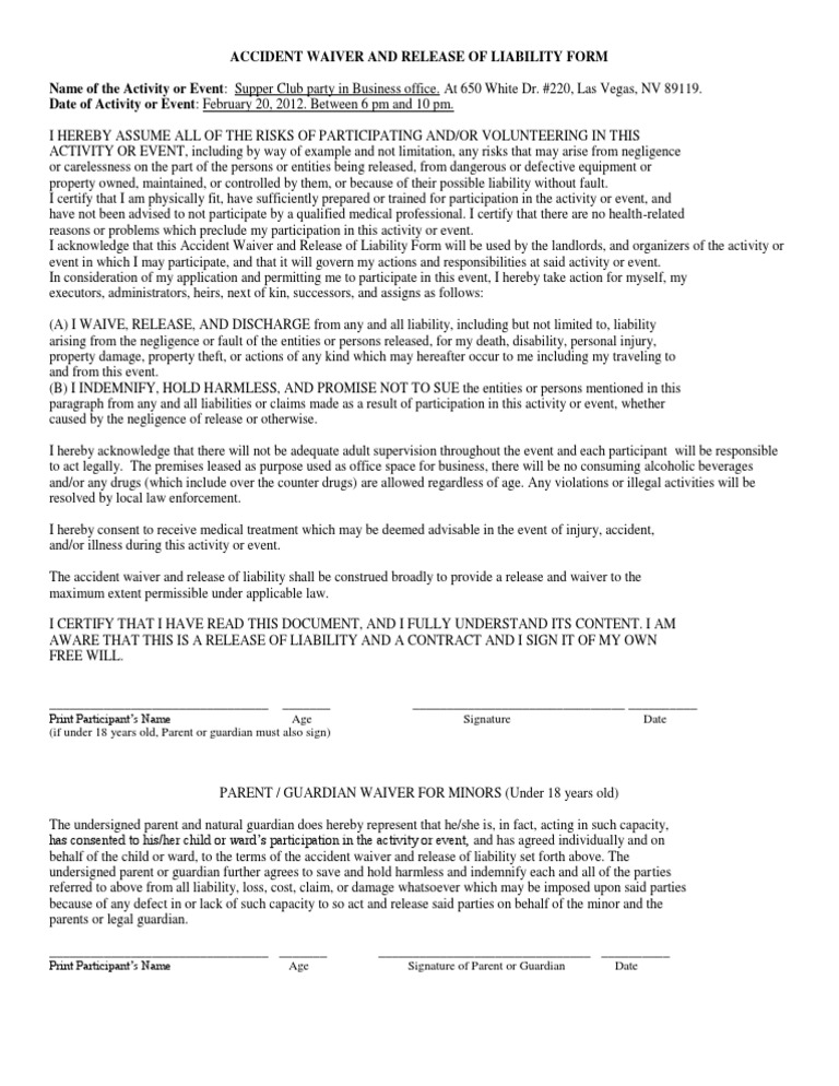 Accident Waiver and Release of Liability Form | Download Free PDF ...