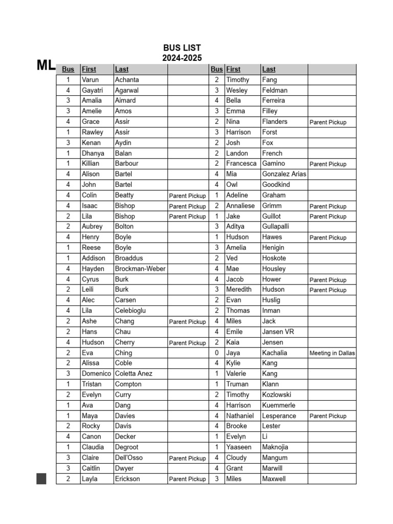ML Bus List 2024-2025 Roster | PDF