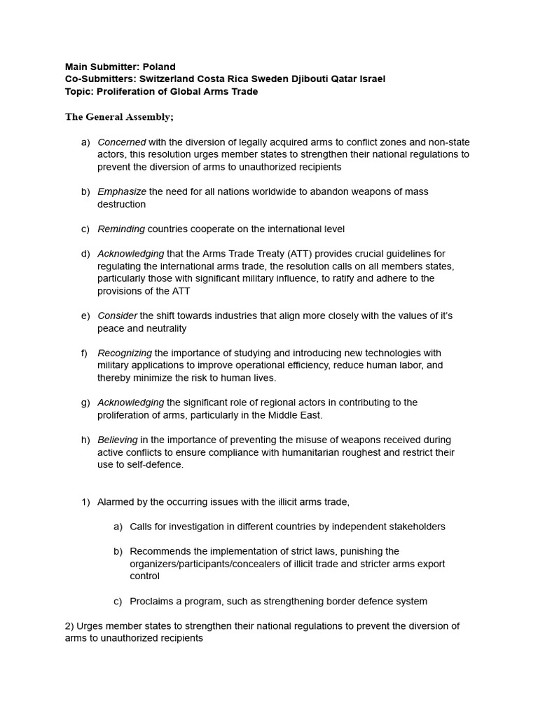 Proliferation of Global Arms Trade Resolution | PDF | Nuclear ...