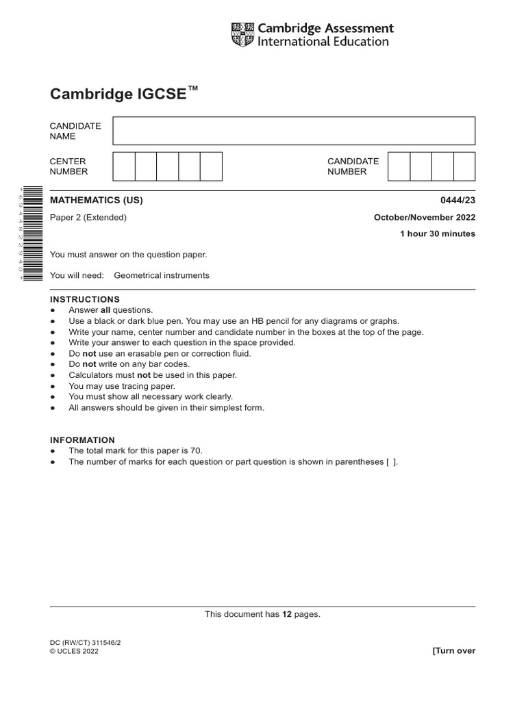 Cambridge IGCSE: Mathematics (Us) 0444/23 | PDF | Area | Circle