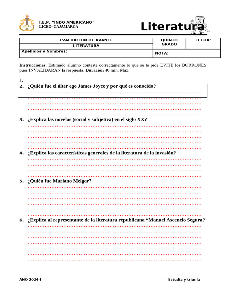 Evaluación de Literatura 5to Grado | PDF