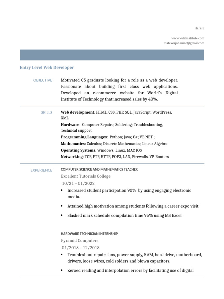 Entry Level Web Developer Resume | PDF | Computing | World Wide Web