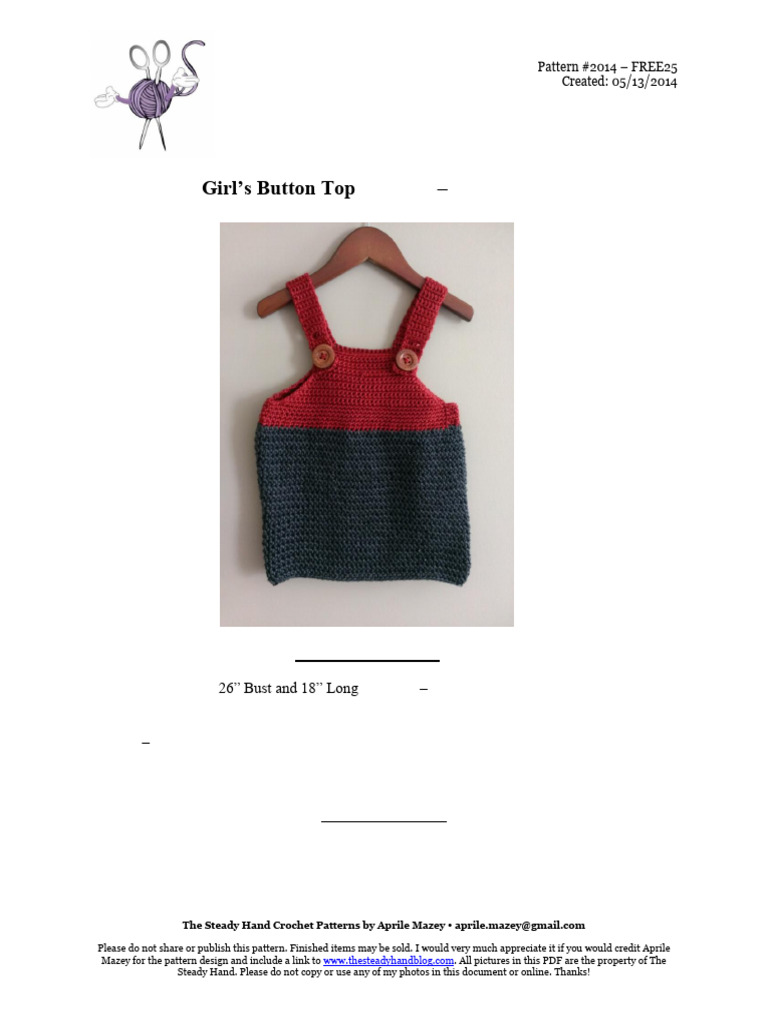 Free Crochet Pattern 25 - Girl's Button Top (Size 6 and 7 - Ages 6-8 ...