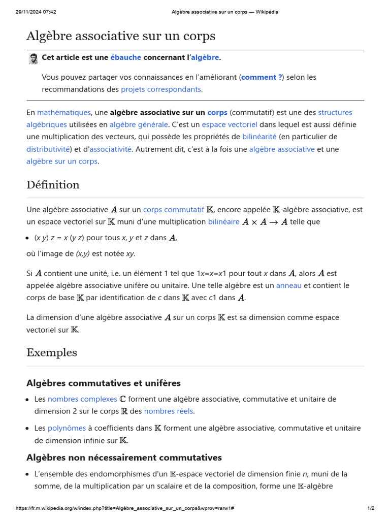 Algèbre associative sur un corps | PDF | Corps commutatif | Matrice ...
