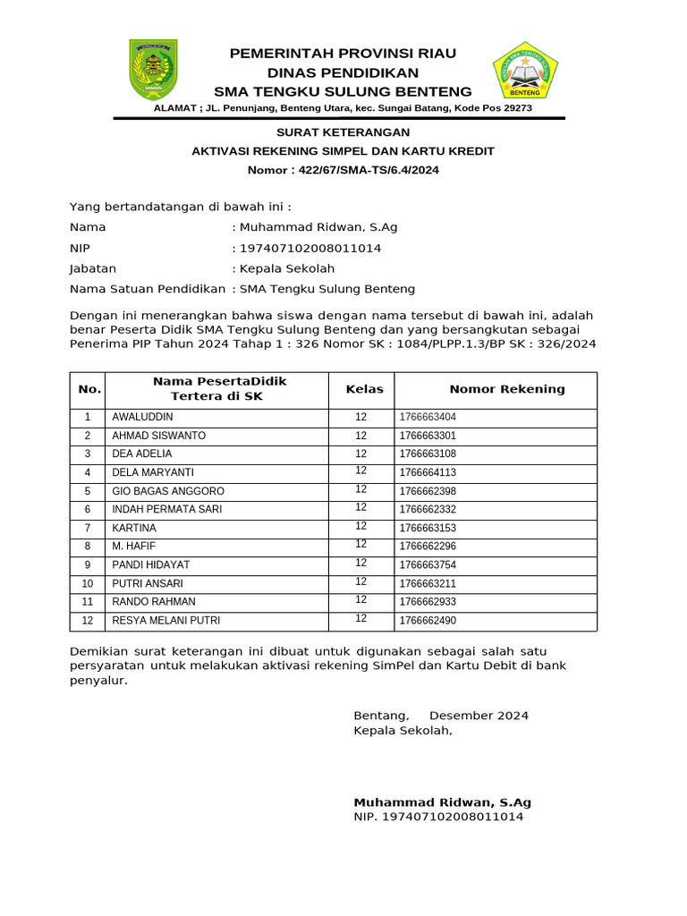 Surat Keterangan Aktivasi Rekening Pip Pdf