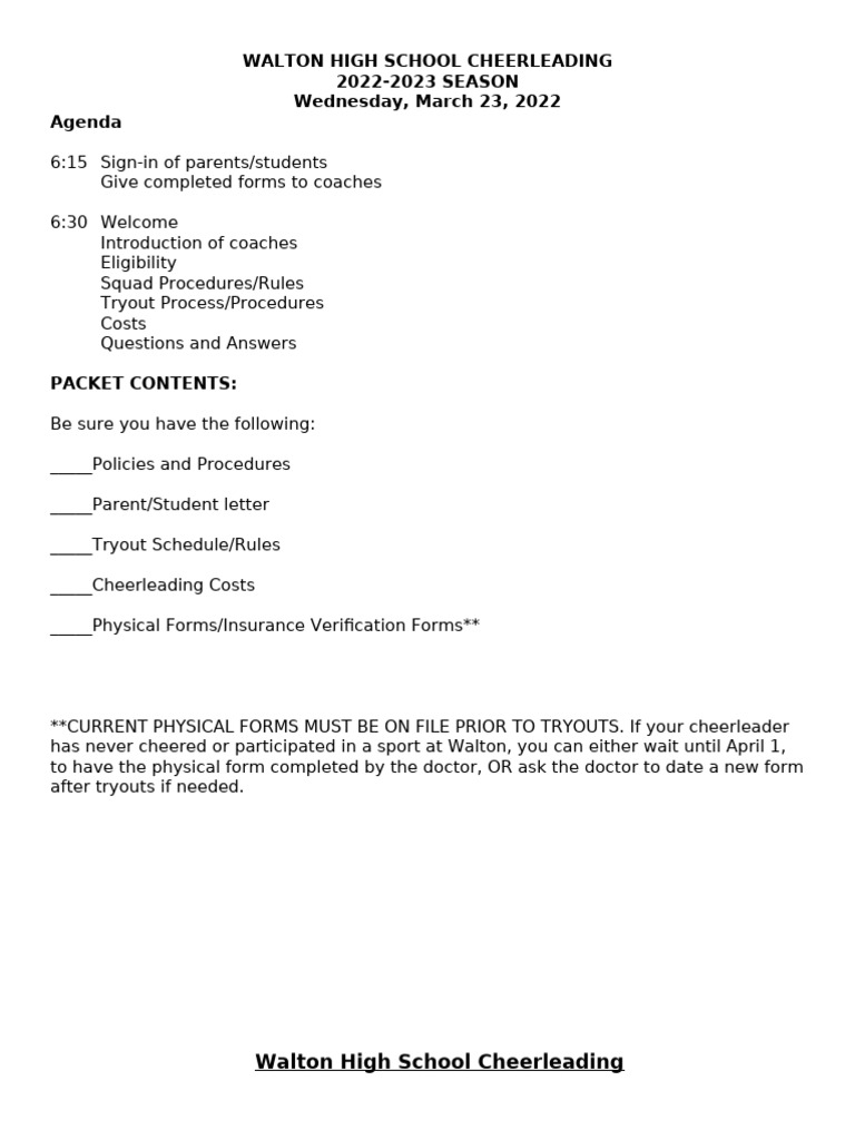 Walton Cheerleading Tryout Packet 2022-23 | PDF | Cheerleading