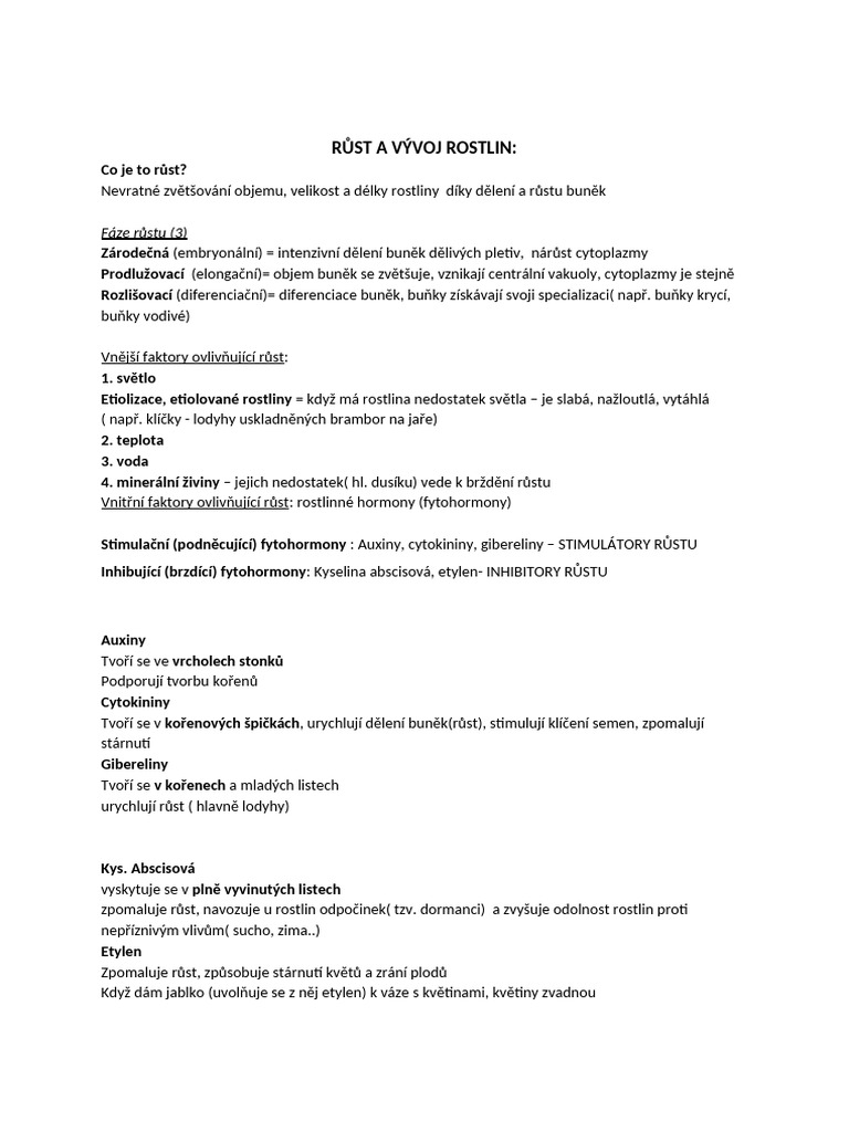 Biologie - Růst A Vývoj Rostlin | PDF