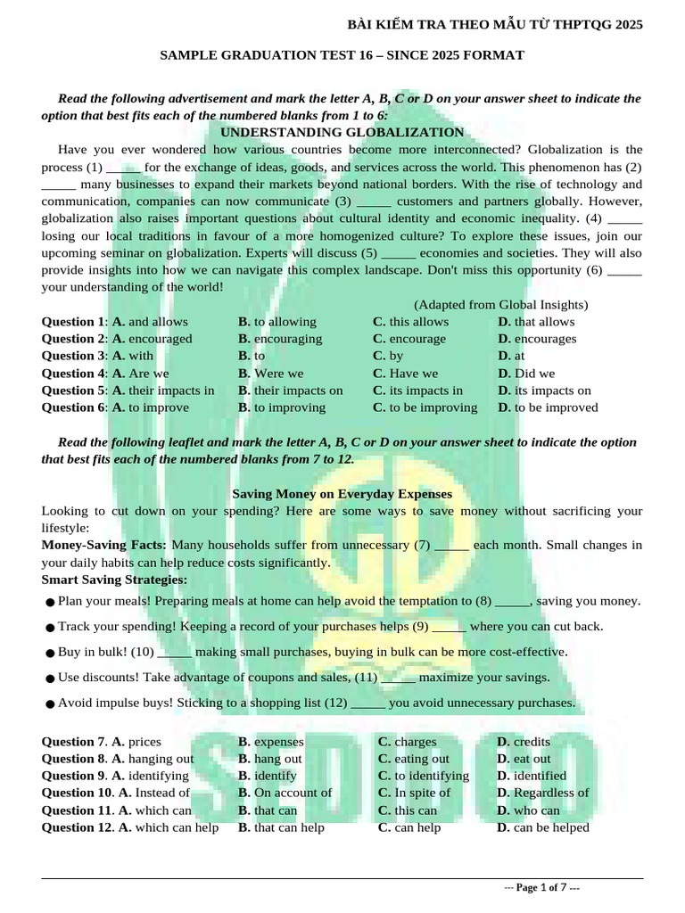 Sample Graduation Test 2025 Format | PDF | Conservation Biology ...