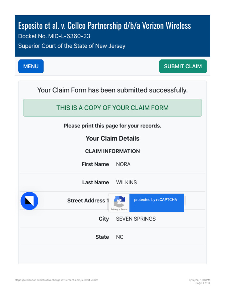 Verizon Settlement Claim Confirmation | PDF | Telecommunications