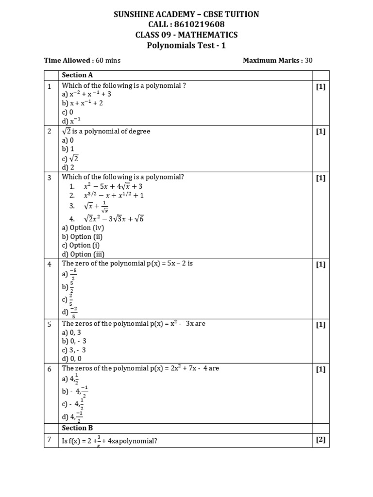 Class 9 Mathematics Polynomials Test | PDF | Zero Of A Function ...