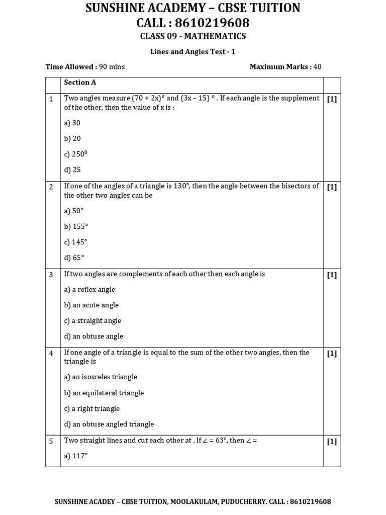 CBSE Class 9 Math Lines & Angles Test | PDF | Triangle | Elementary ...