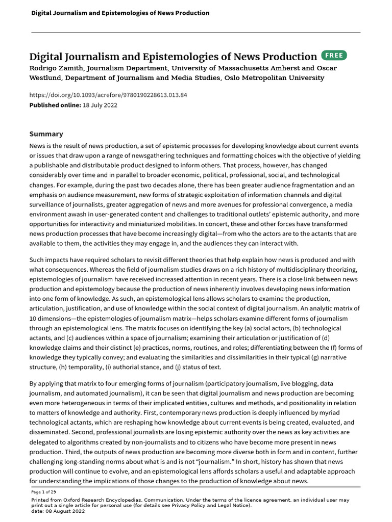 Digital Journalism and Epistemologies of News Production | PDF | News ...