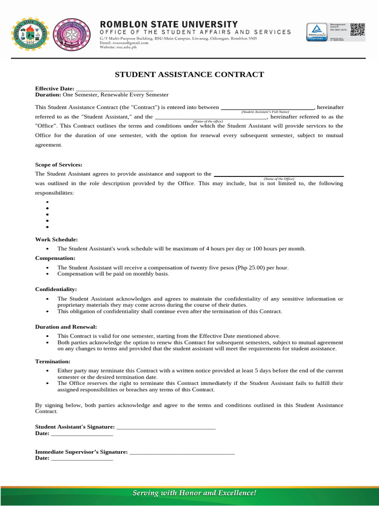 Student Assistance Contract Template | PDF | Contractual Term ...
