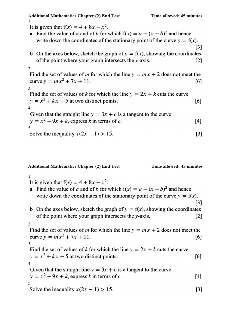 Additional Mathematics Chapter 2 Test | PDF