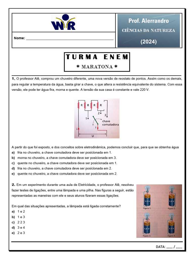 Questões de Eletrodinâmica para ENEM | PDF | Eletricidade | Indução ...