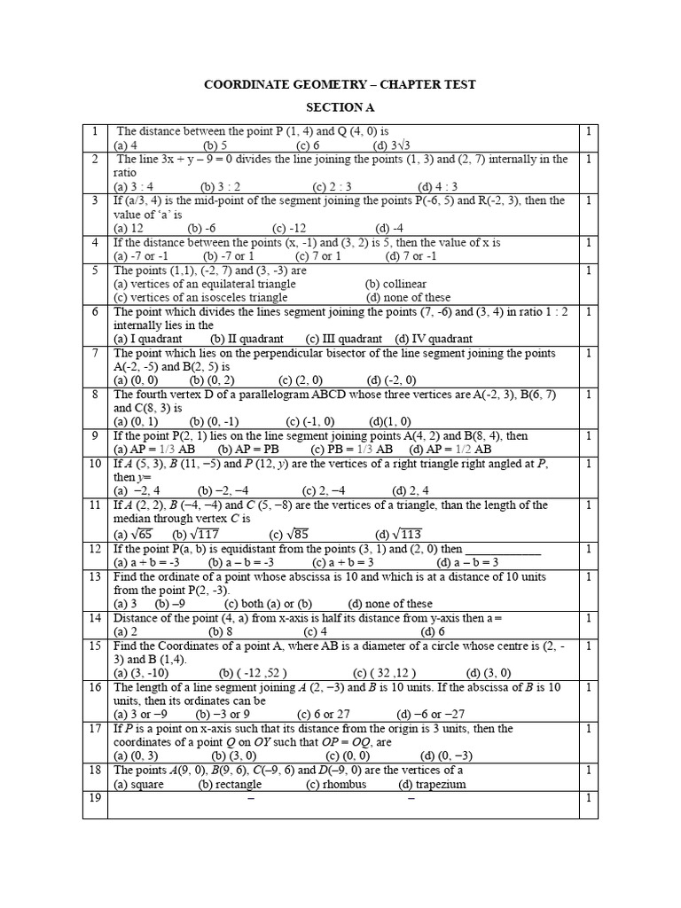 Coordinate Geometry Chapter Test Pdf Triangle Cartesian