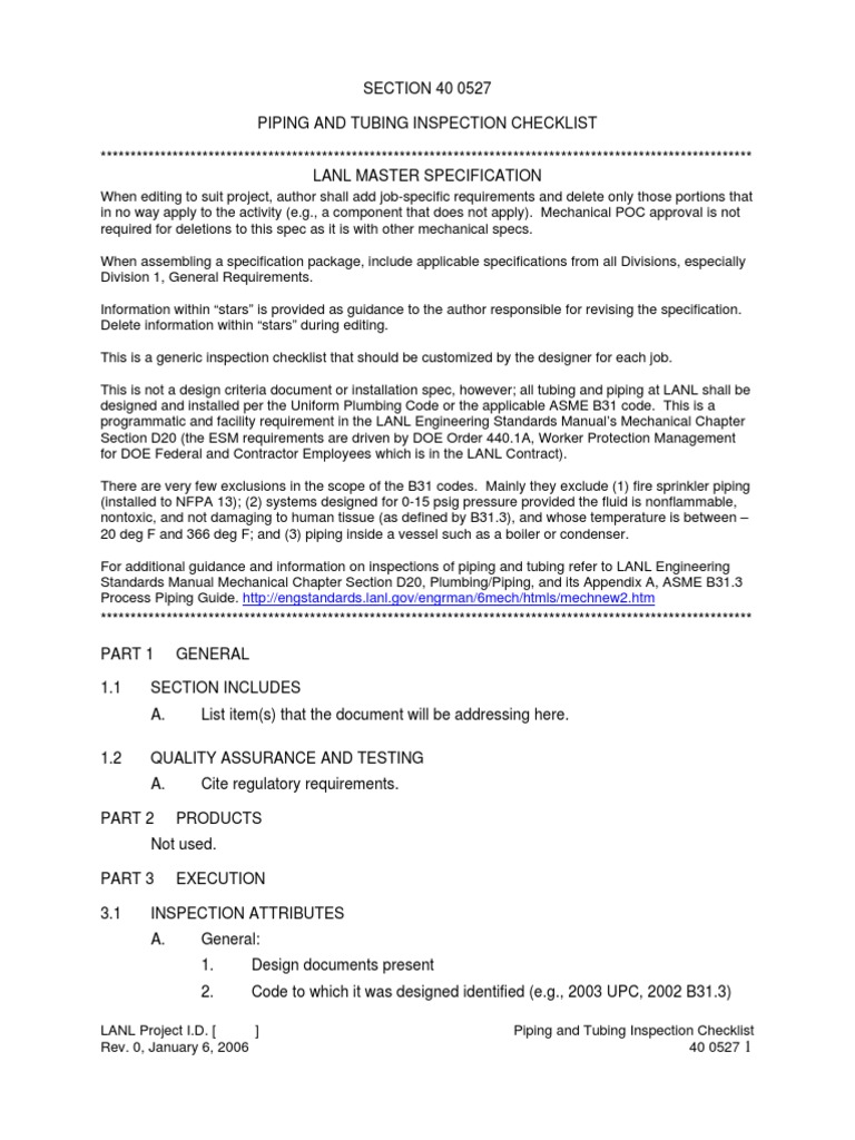 Piping and Tubing Inspection Checklist | PDF | Leak | Pipe (Fluid ...