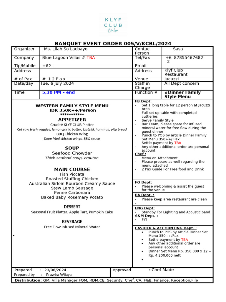 BEO 6 July 2024 | PDF | Menu | Food And Drink