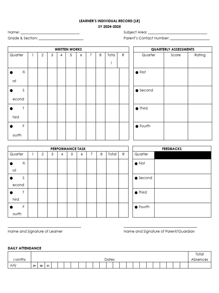 Learner's Individual Record SY 2024-2025 | PDF