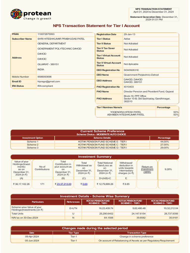 NPS Tier I Account Statement 2024 | PDF | Government Finances | Business