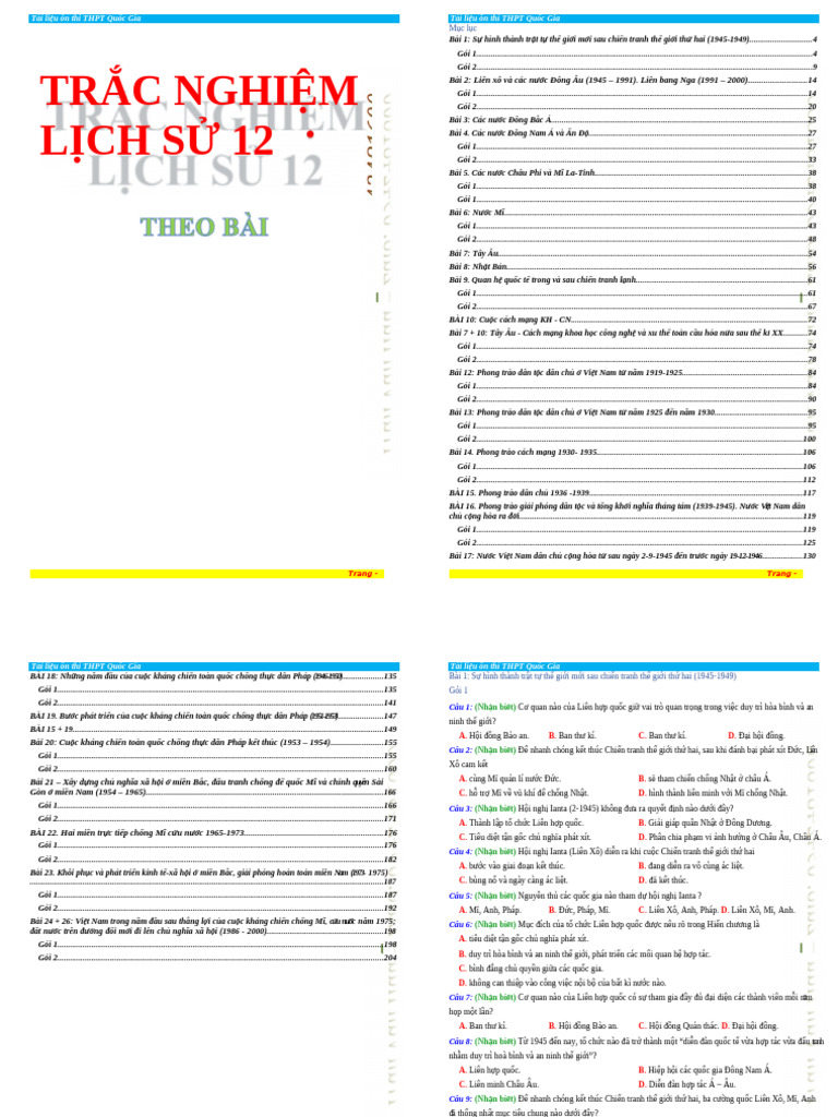 TN Sử 12 Theo Từng Bài Học | PDF