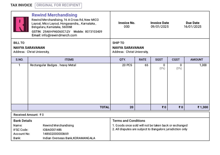 Invoice for Rectangular Badges | PDF