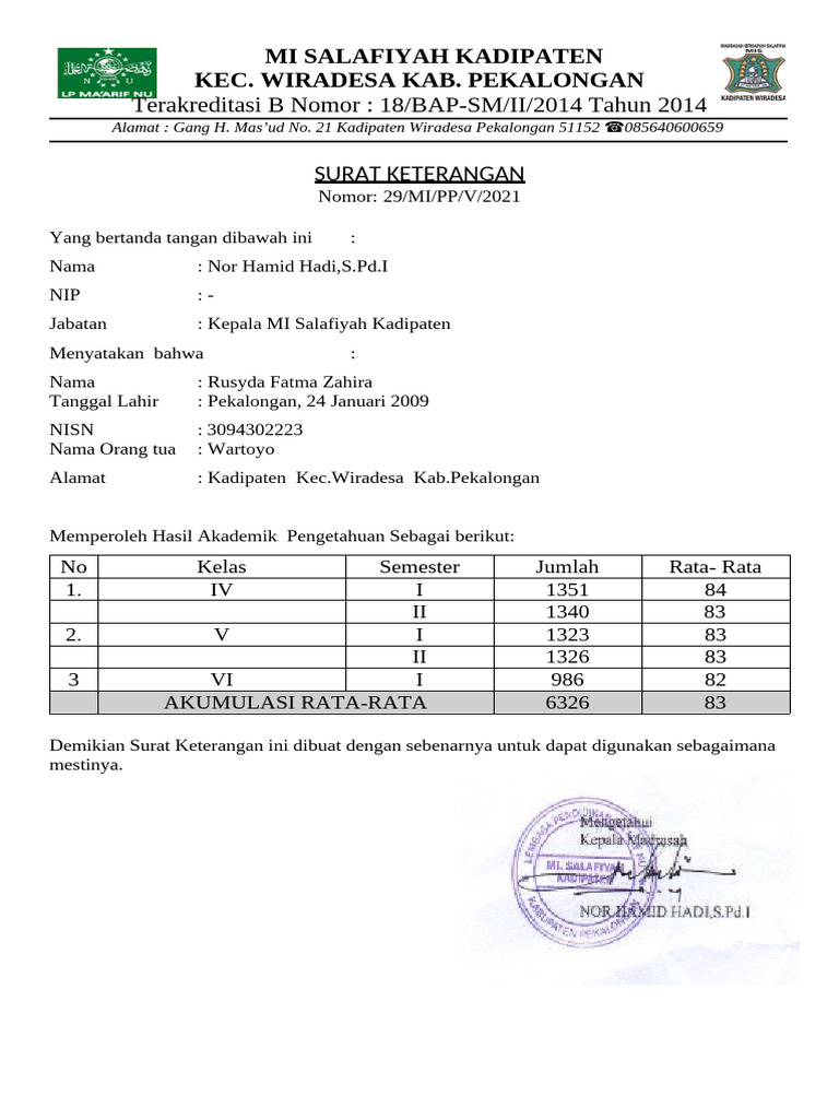 surat keterangan nilai rapot | PDF