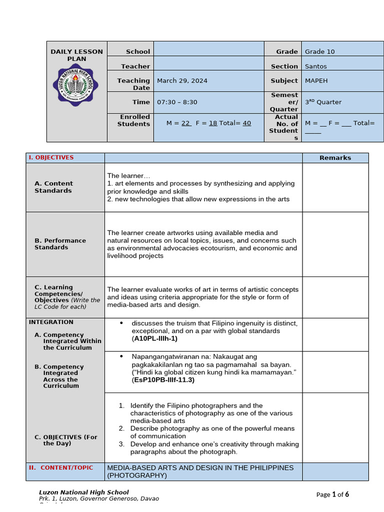 Arts 10 Daily Lesson Plan Semi Detailed Template 4as4 | PDF | Teachers ...
