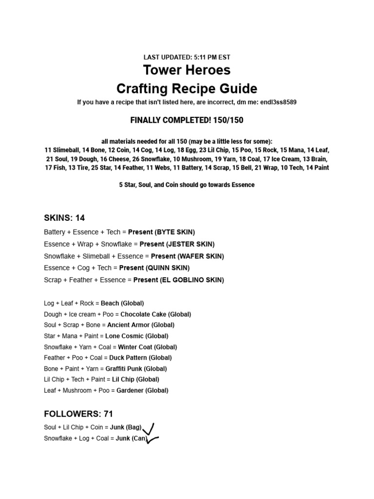 Tower Heroes Crafting Recipe Guide | PDF