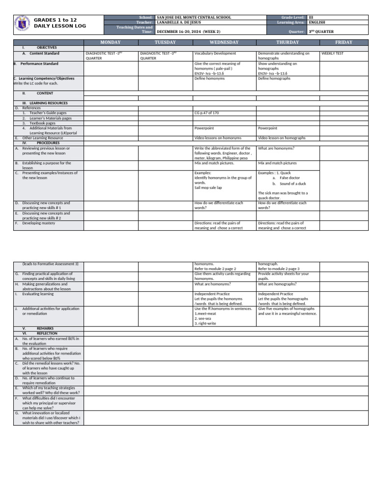 Grade 3 English Lesson Plan: Homonyms & Homographs | PDF | Human ...