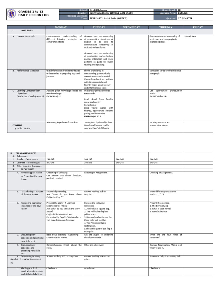 Grade 3 English Daily Lesson Plan | PDF | Fluency | Human Communication