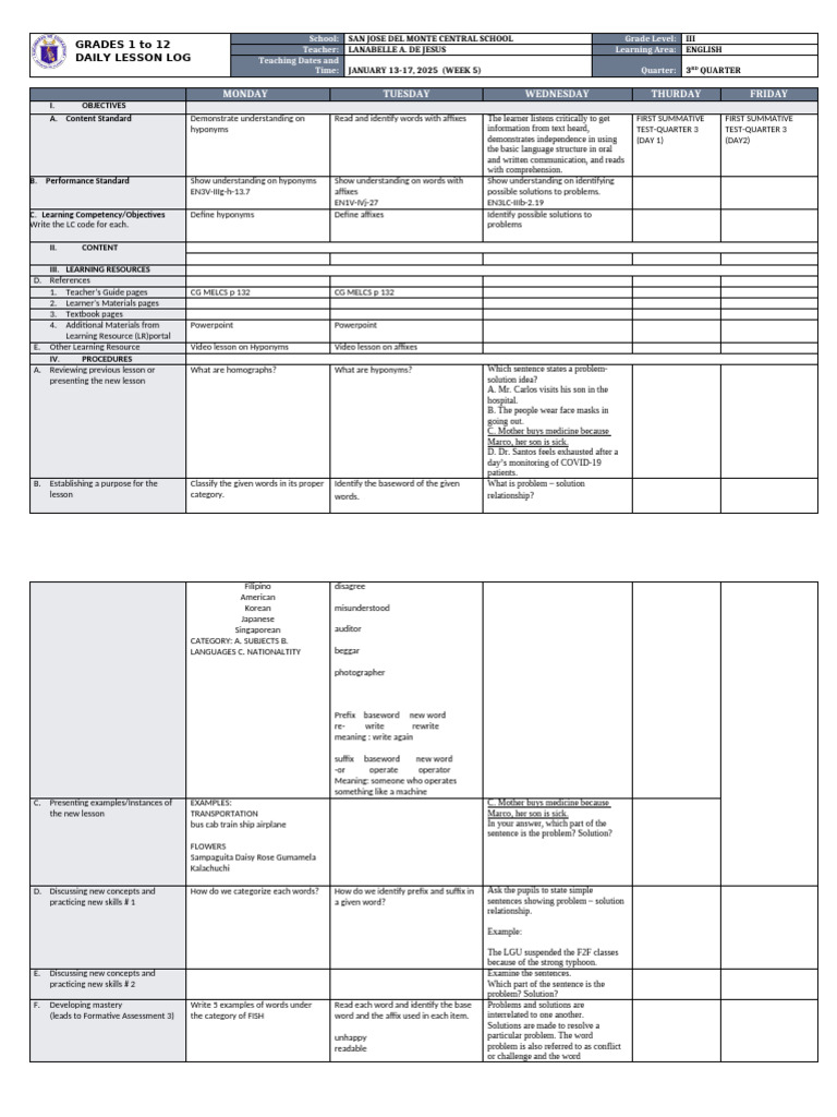 Grade 3 English Daily Lesson Plan | PDF | Word | Linguistics