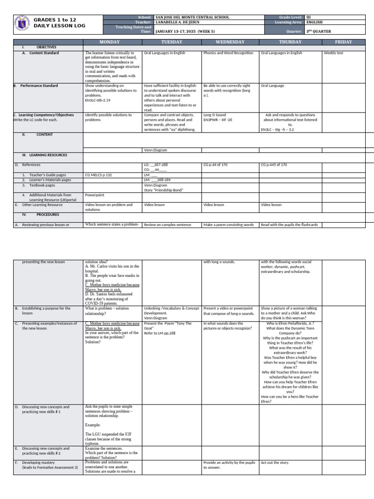 Grade 3 English Daily Lesson Plan | PDF | English Language | Learning