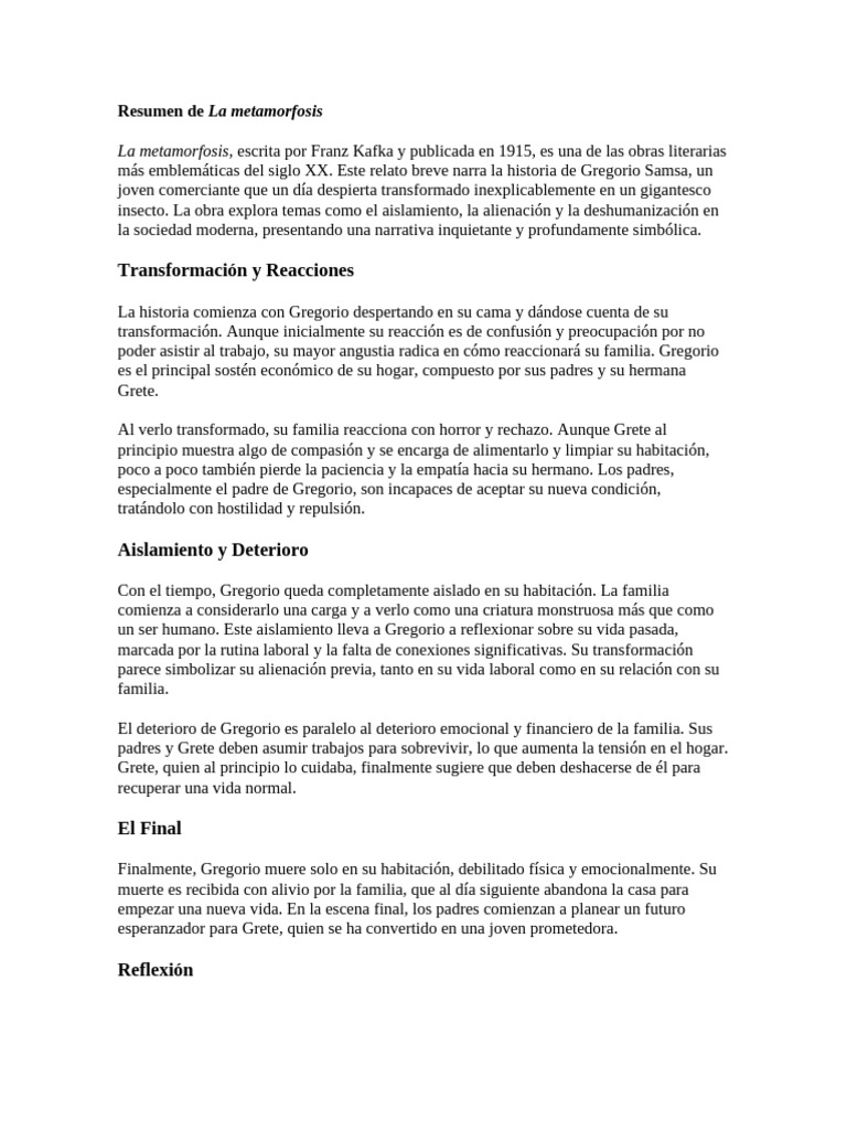 Resumen de la metamorfosis pdf la metamorfosis